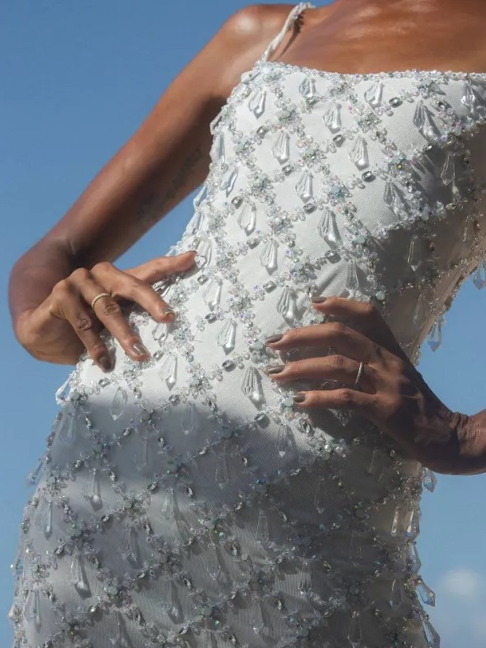 OCEANUS Calliope Luxury Crystal Maxi Party Dress White